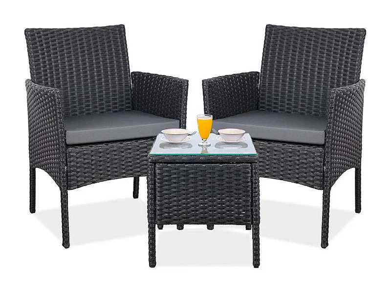 Set de jardín de ratán – 3 piezas, 2 sillas con cojines y mesa de cristal – Yoevu