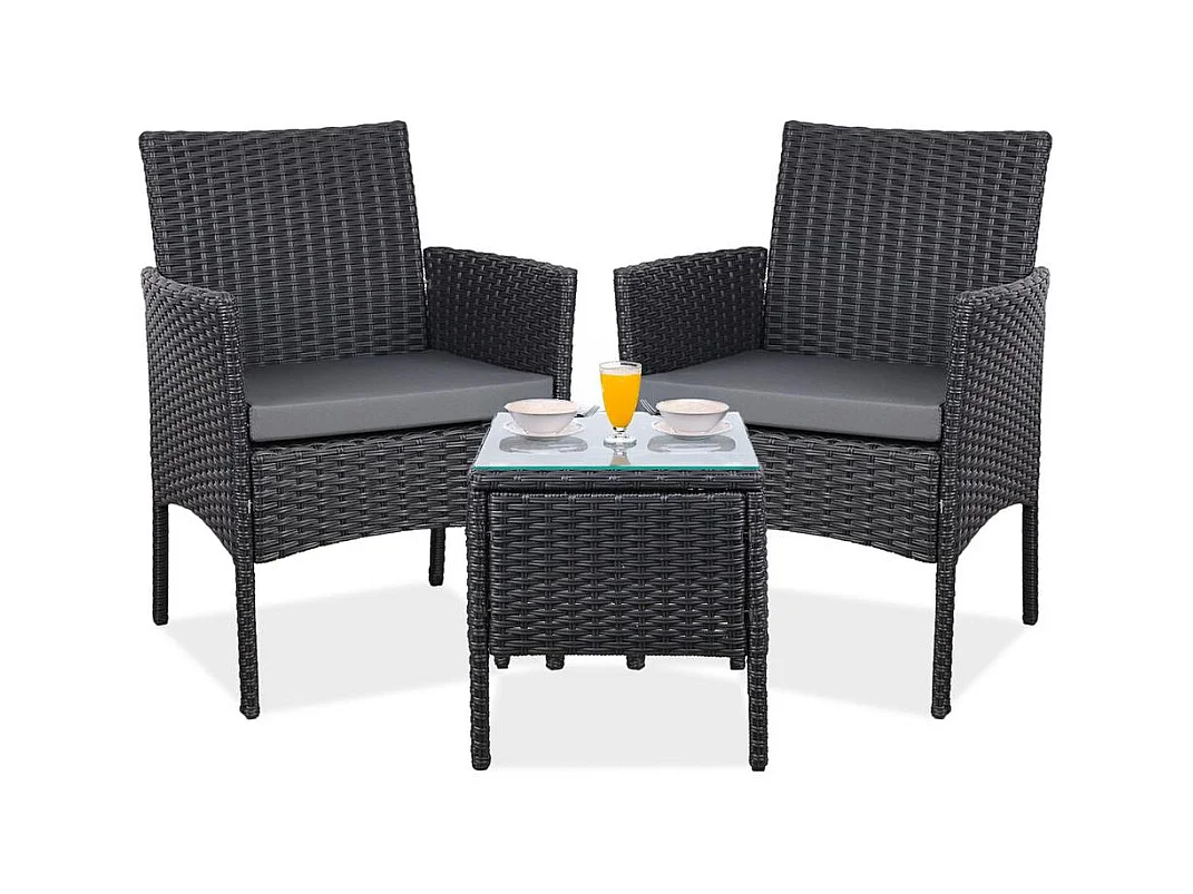 Set de jardín de ratán – 3 piezas, 2 sillas con cojines y mesa de cristal – Yoevu