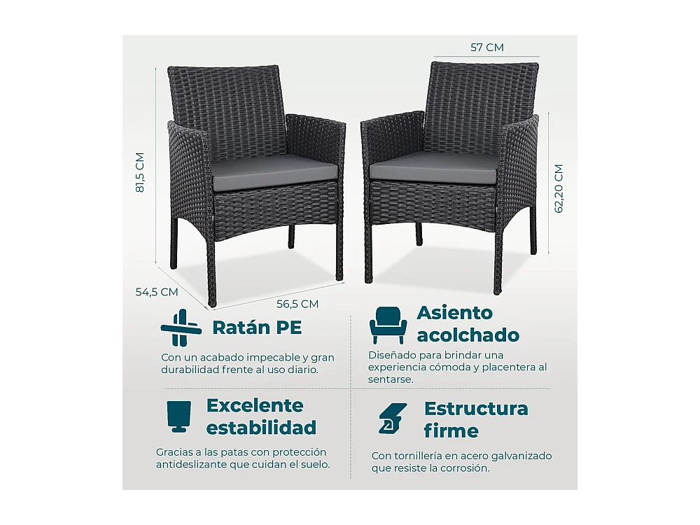 Set de jardín de ratán – 3 piezas, 2 sillas con cojines y mesa de cristal – Yoevu