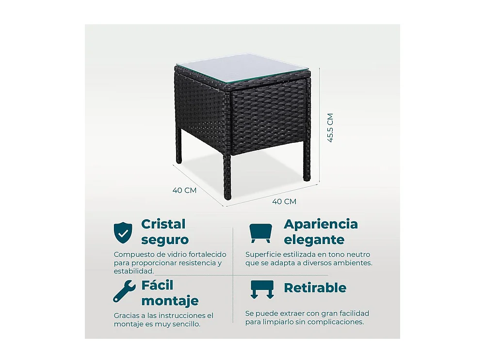 Set de jardín de ratán – 3 piezas, 2 sillas con cojines y mesa de cristal – Yoevu