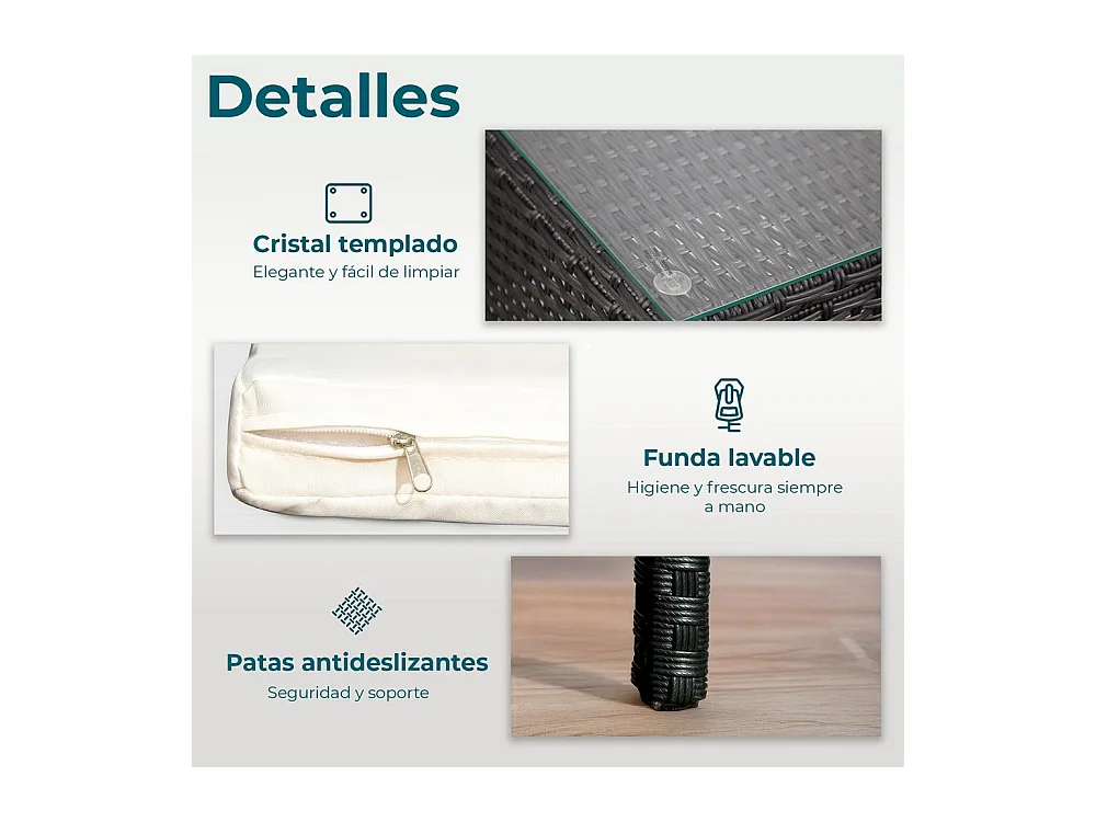 Set de jardín de ratán – 3 piezas, 2 sillas con cojines y mesa de cristal – Yoevu