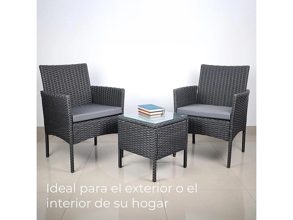 Set de jardín de ratán – 3 piezas, 2 sillas con cojines y mesa de cristal – Yoevu