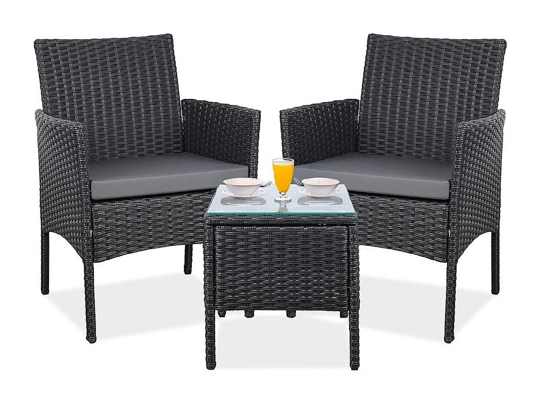 Set de jardín de ratán – 3 piezas, 2 sillas con cojines y mesa de cristal – Yoevu