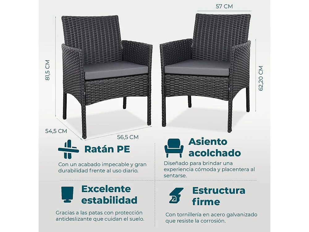 Set de jardín de ratán – 3 piezas, 2 sillas con cojines y mesa de cristal – Yoevu