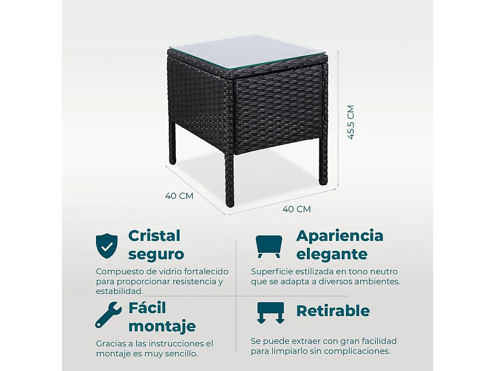 Set de jardín de ratán – 3 piezas, 2 sillas con cojines y mesa de cristal – Yoevu