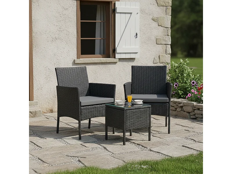 Set de jardín de ratán – 3 piezas, 2 sillas con cojines y mesa de cristal – Yoevu
