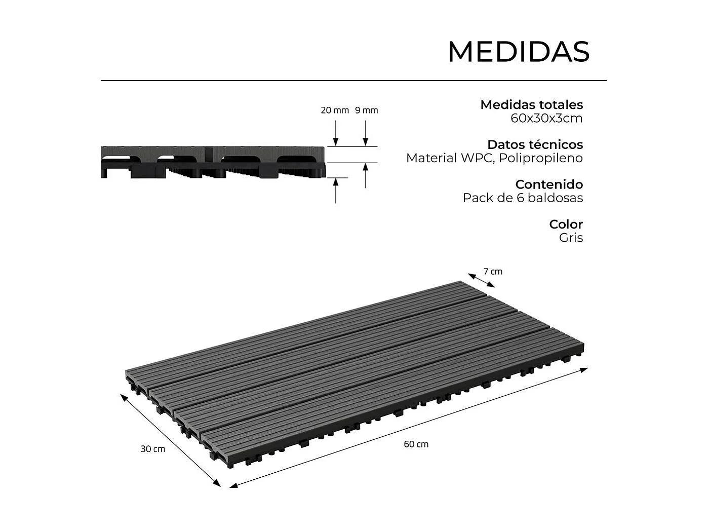 Baldosas de exterior – madera composite WPC, antideslizantes, set de 6 (1.08 m²) – Yoevu