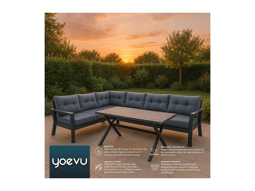 Conjunto de jardín – 7 plazas, aluminio resistente al óxido, sofá esquinero modular – Yoevu
