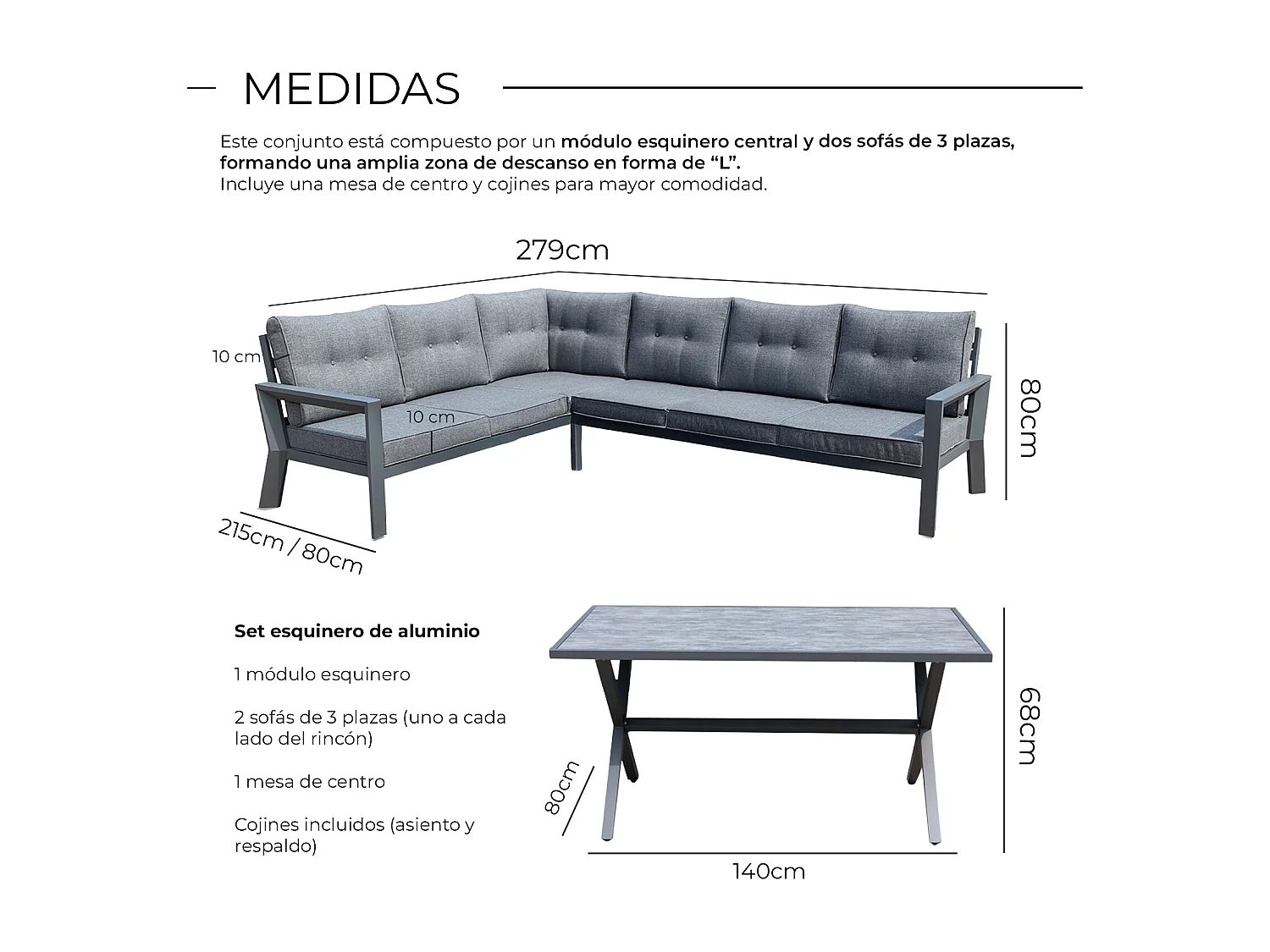 Conjunto de jardín – 7 plazas, aluminio resistente al óxido, sofá esquinero modular – Yoevu