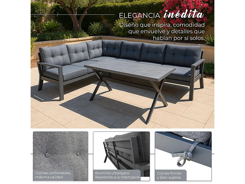 Conjunto de jardín – 7 plazas, aluminio resistente al óxido, sofá esquinero modular – Yoevu