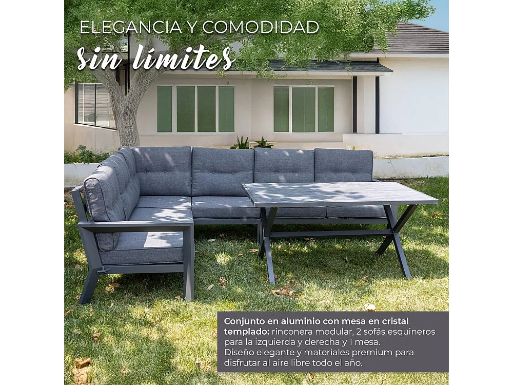 Conjunto de jardín – 7 plazas, aluminio resistente al óxido, sofá esquinero modular – Yoevu