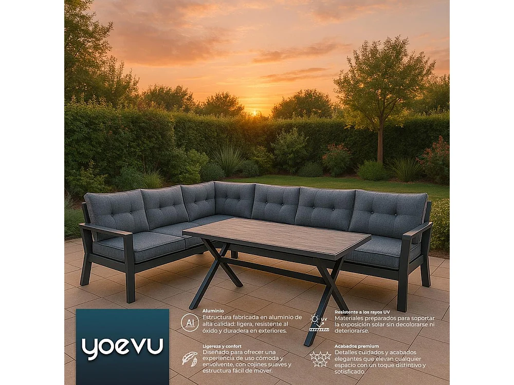 Conjunto de jardín – 7 plazas, aluminio resistente al óxido, sofá esquinero modular – Yoevu