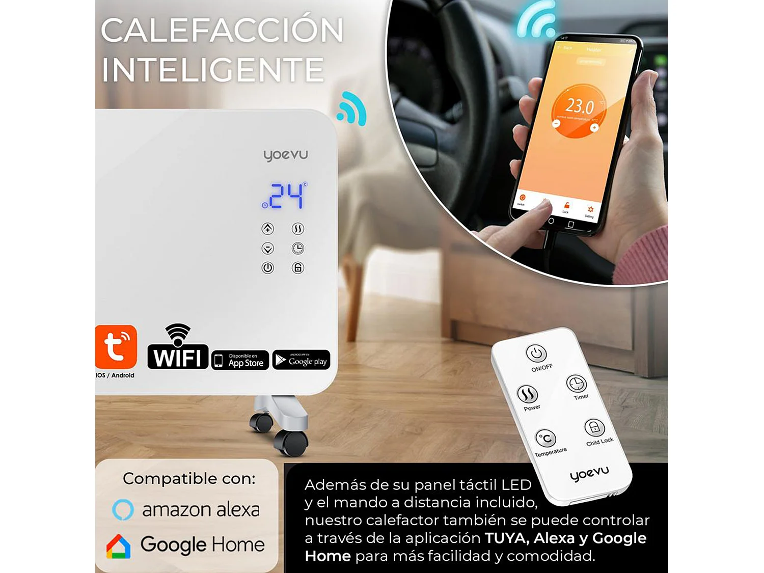 Radiador eléctrico – bajo consumo 2000W, blanco, con wifi y ruedas – Yoevu