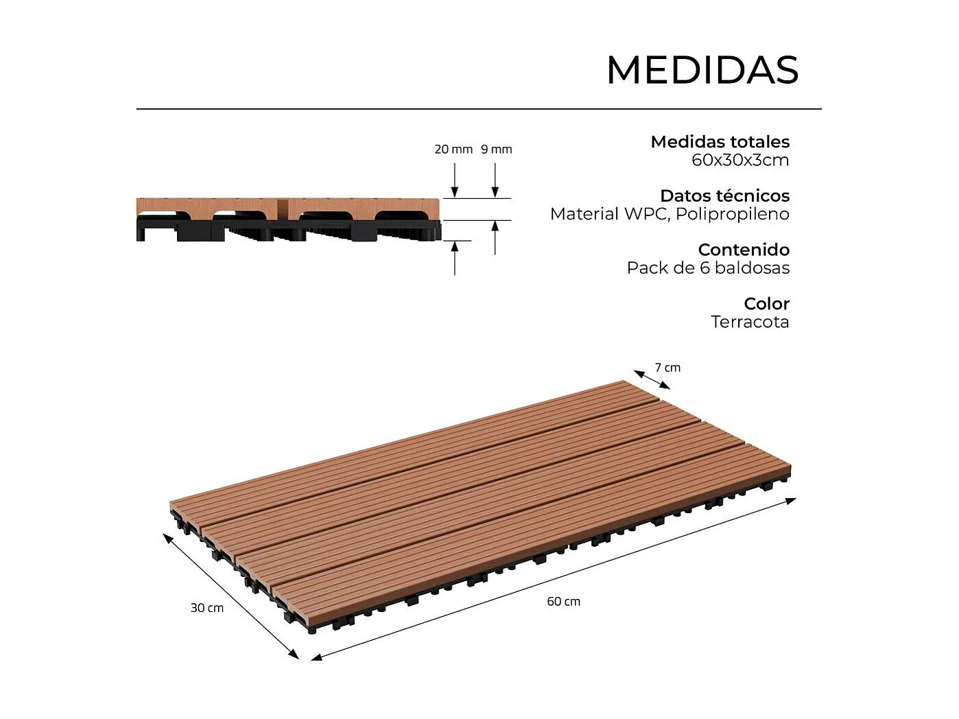 Baldosas de exterior – madera composite WPC, antideslizantes, set de 6 (1.08 m²)