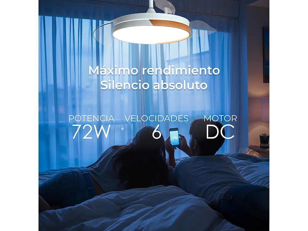 YOEVU NATURE WHITE - Ventilador de Techo con luz | 72 W | Motor DC | Luz LED Regulable | Aspas Retráctiles | Función Invierno/Verano, Sin WiFi, Blanco y Madera, ABS