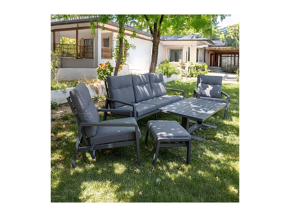 Set de muebles de jardín – 5 plazas, aluminio, mesa elevable y sillón reclinable – Yoevu