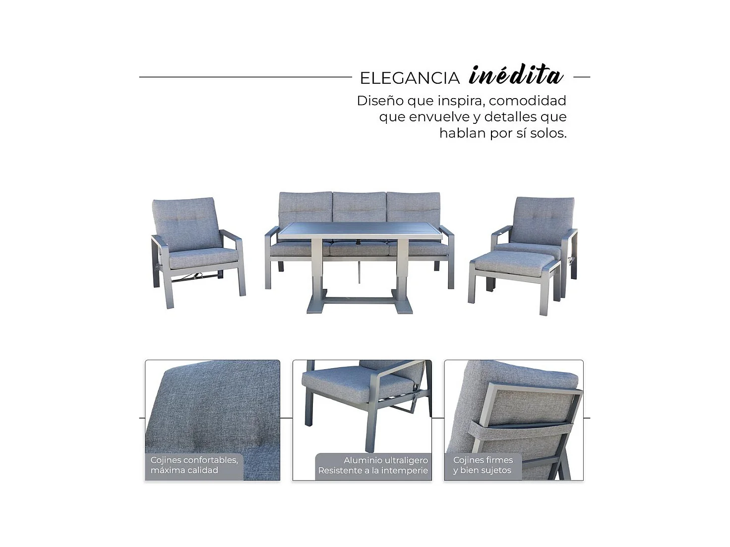 Set de muebles de jardín – 5 plazas, aluminio, mesa elevable y sillón reclinable – Yoevu