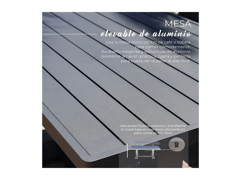 Set de muebles de jardín – 5 plazas, aluminio, mesa elevable y sillón reclinable – Yoevu