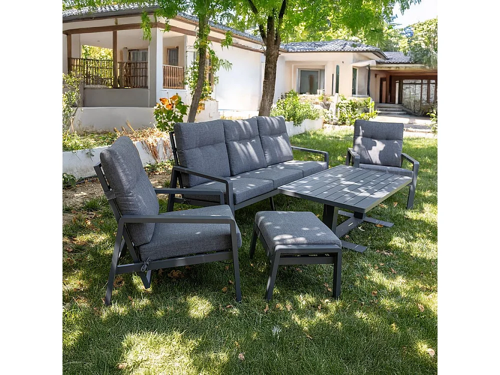 Set de muebles de jardín – 5 plazas, aluminio, mesa elevable y sillón reclinable – Yoevu