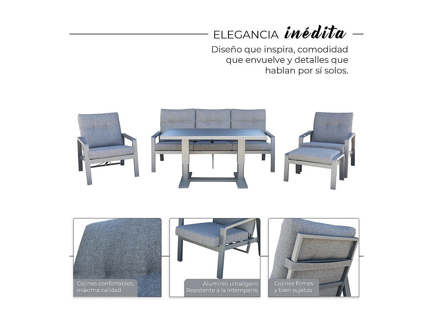 Set de muebles de jardín – 5 plazas, aluminio, mesa elevable y sillón reclinable – Yoevu