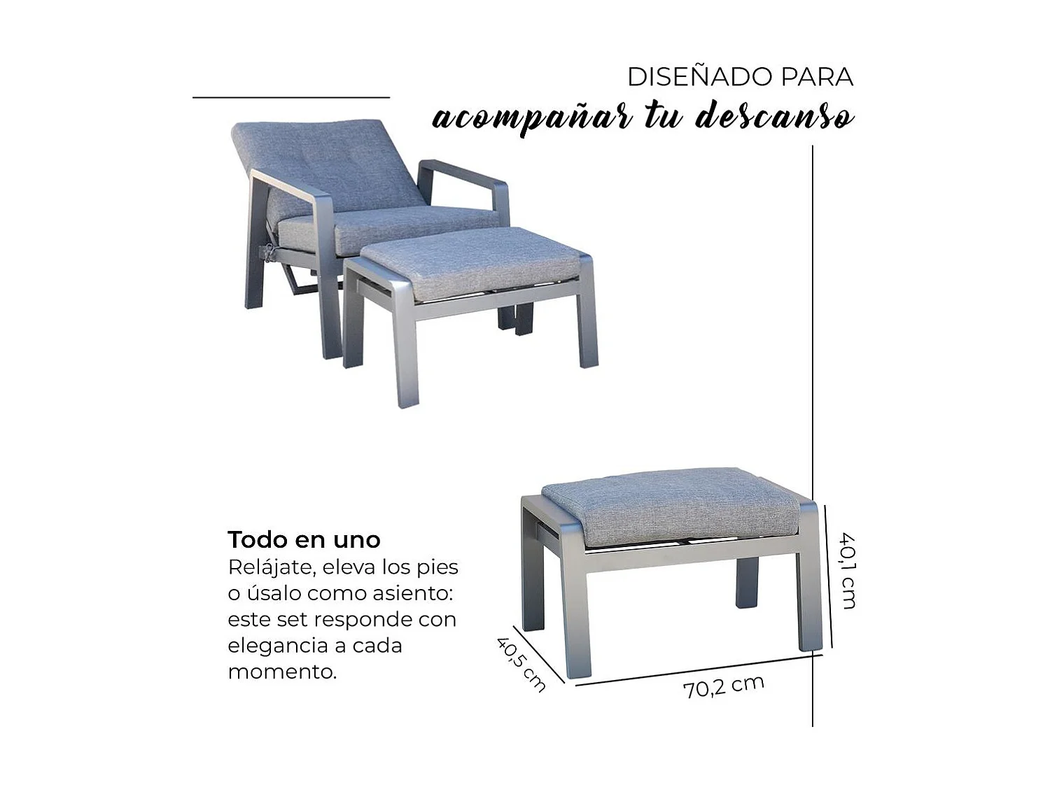 Set de muebles de jardín – 5 plazas, aluminio, mesa elevable y sillón reclinable – Yoevu