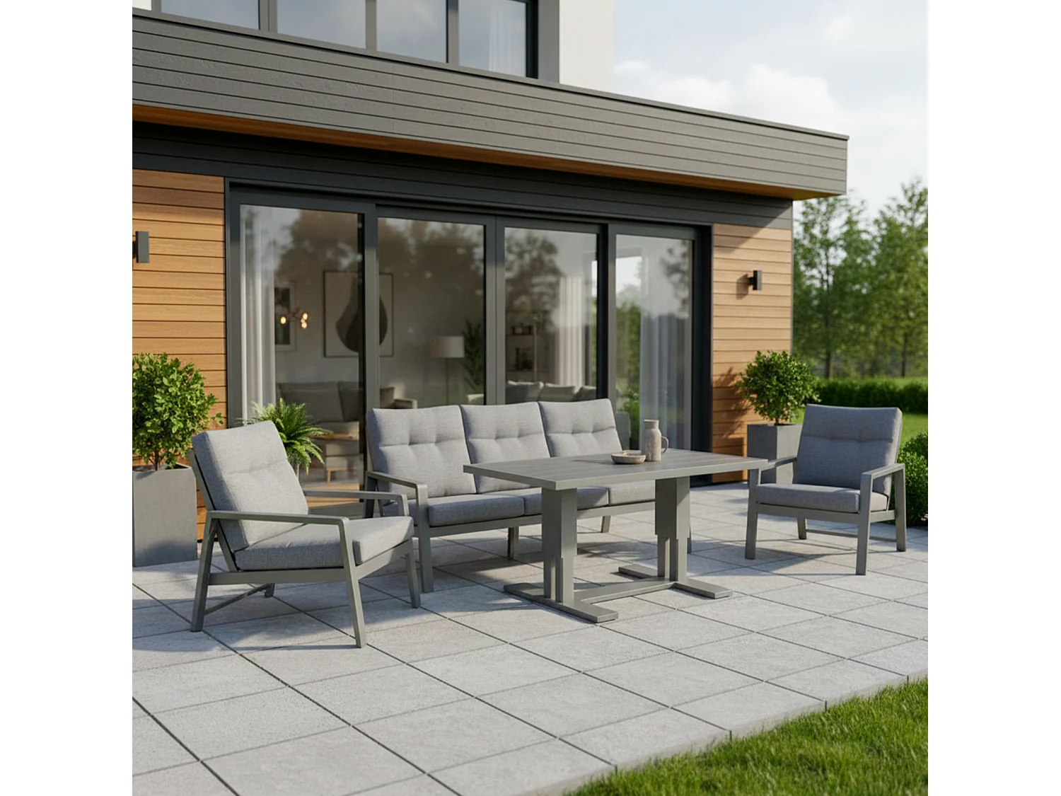 Set de muebles de jardín – 5 plazas, aluminio, mesa elevable y sillón reclinable – Yoevu