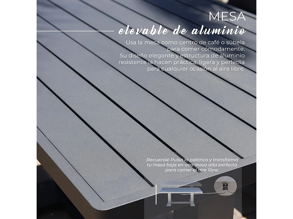 Set de muebles de jardín – 5 plazas, aluminio, mesa elevable y sillón reclinable – Yoevu