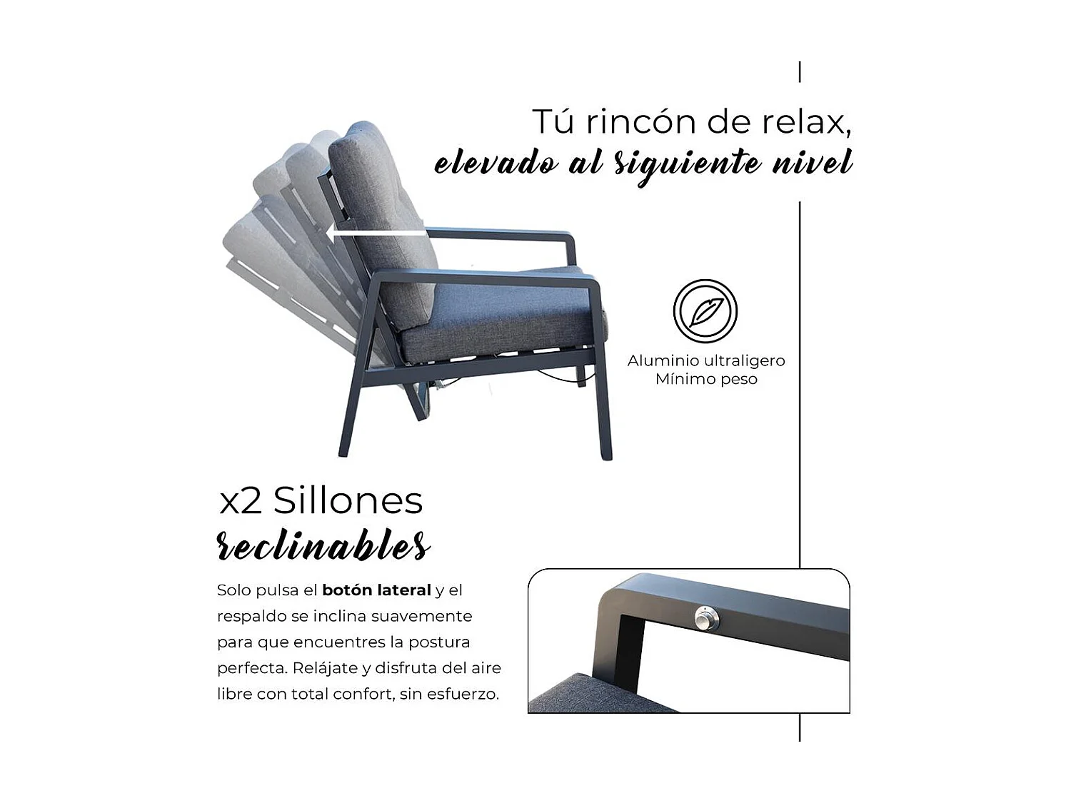 Set de muebles de jardín – 5 plazas, aluminio, mesa elevable y sillón reclinable – Yoevu