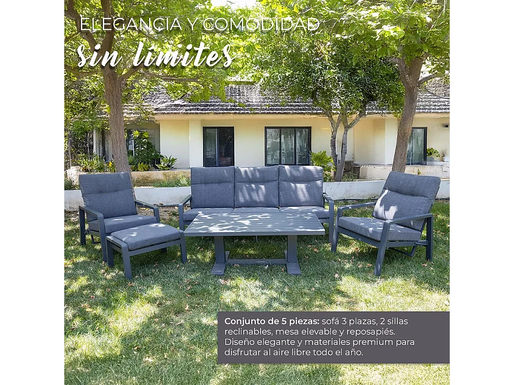 Set de muebles de jardín – 5 plazas, aluminio, mesa elevable y sillón reclinable – Yoevu