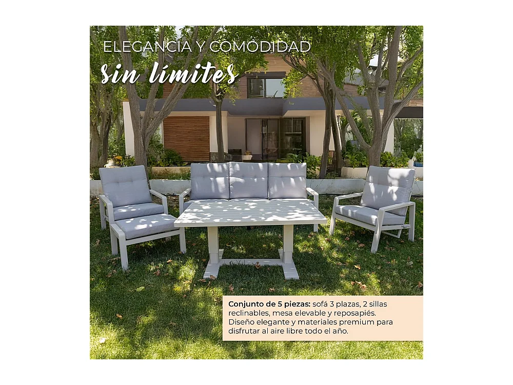 Set de muebles de jardín – 5 plazas, aluminio, mesa elevable y sillón reclinable – Yoevu