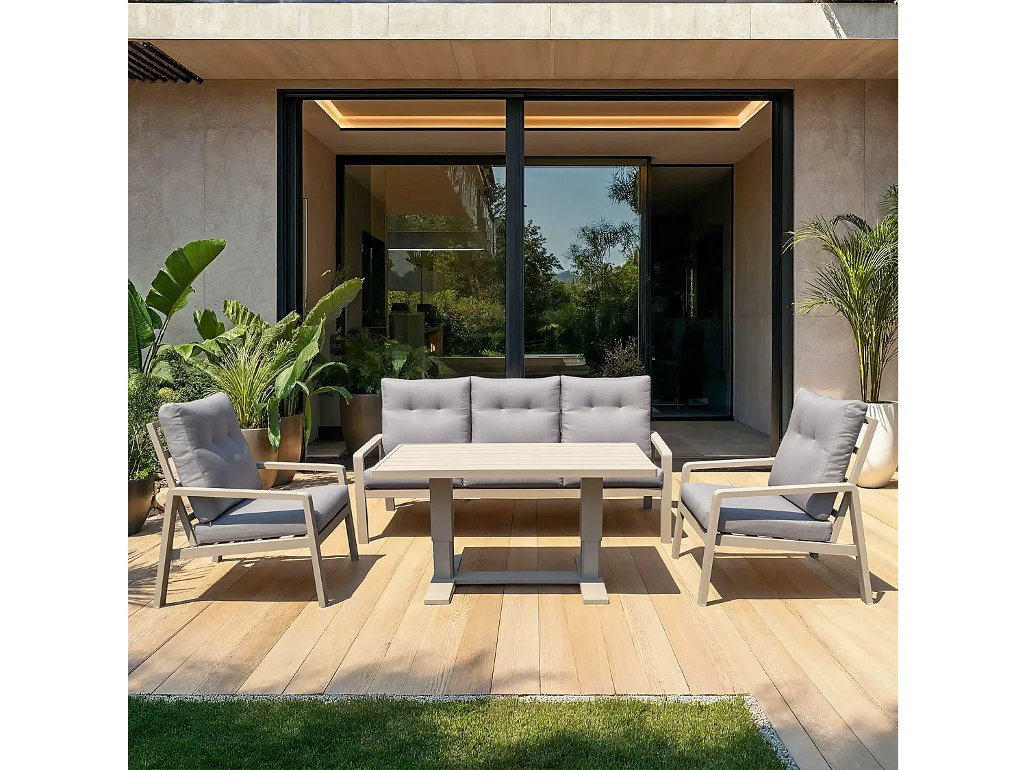 Set de muebles de jardín – 5 plazas, aluminio, mesa elevable y sillón reclinable – Yoevu