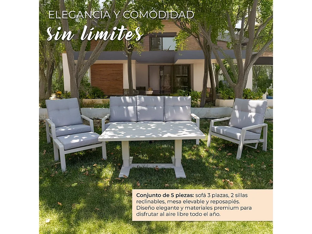 Set de muebles de jardín – 5 plazas, aluminio, mesa elevable y sillón reclinable – Yoevu