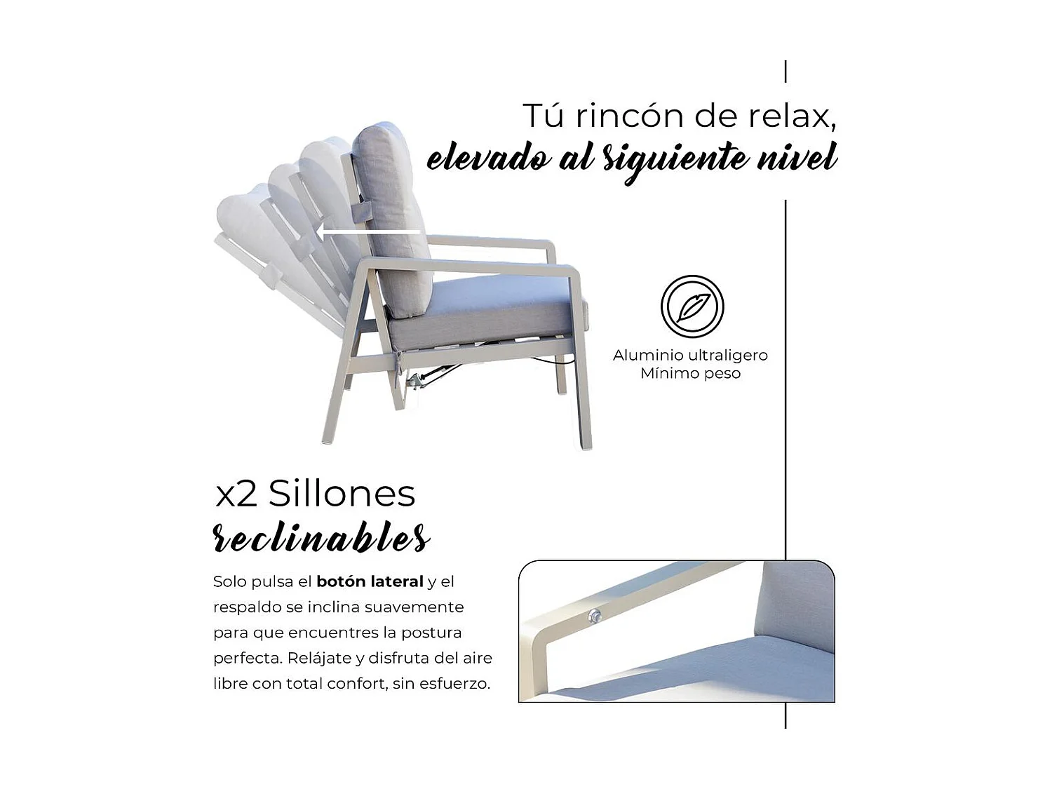 Set de muebles de jardín – 5 plazas, aluminio, mesa elevable y sillón reclinable – Yoevu