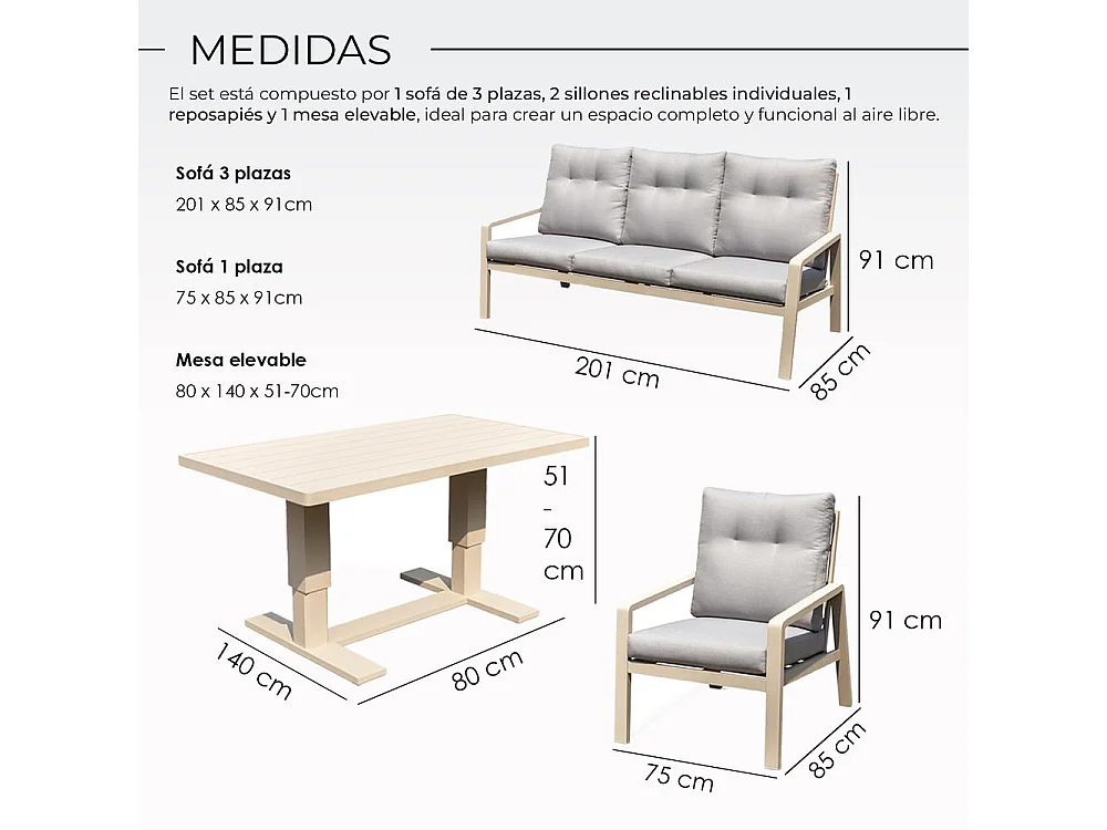 Set de muebles de jardín – 5 plazas, aluminio, mesa elevable y sillón reclinable – Yoevu