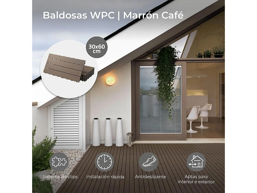 Baldosas de exterior – madera composite WPC, antideslizantes, set de 6 (1.08 m²) – Yoevu