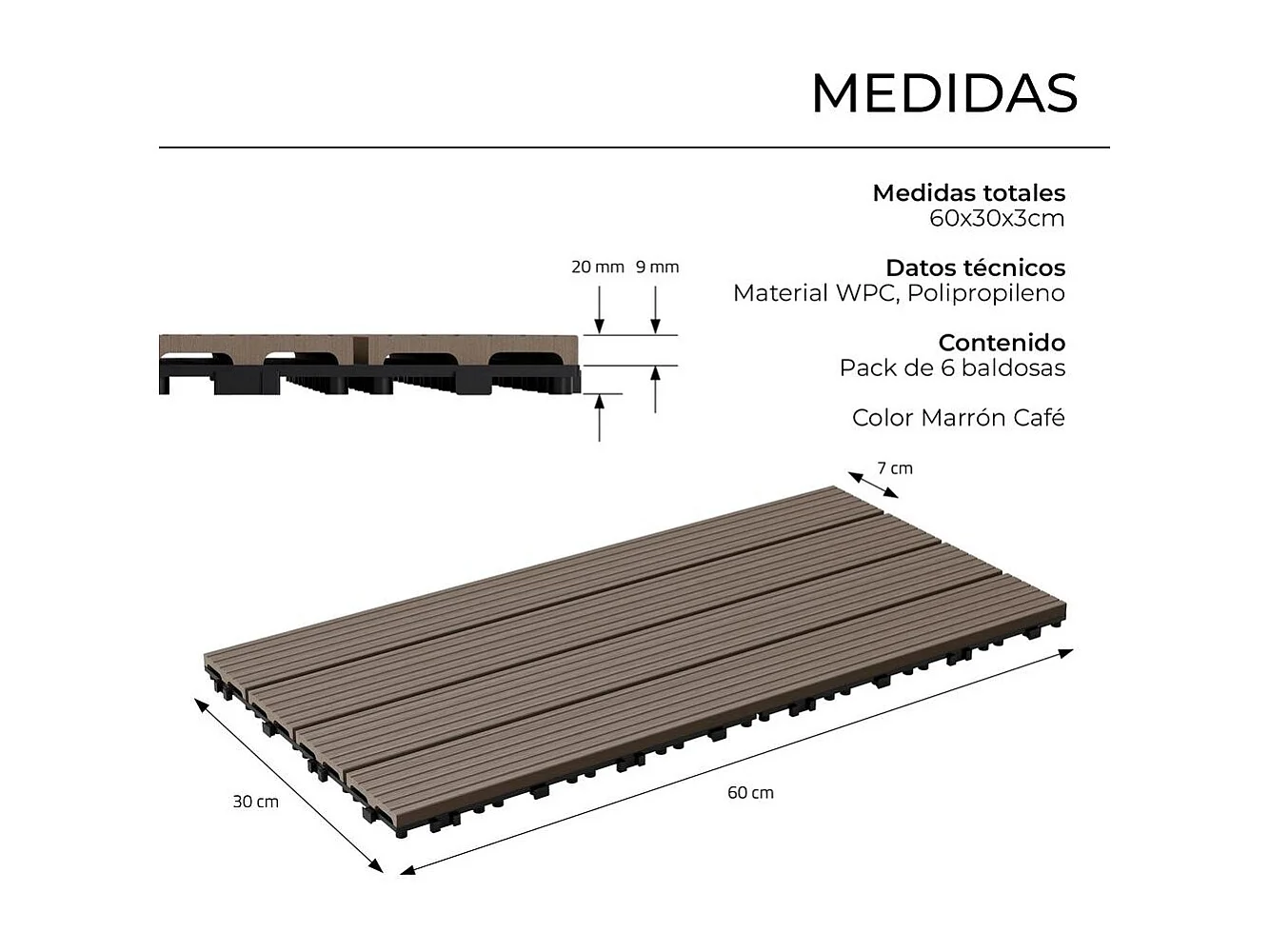 Baldosas de exterior – madera composite WPC, antideslizantes, set de 6 (1.08 m²) – Yoevu