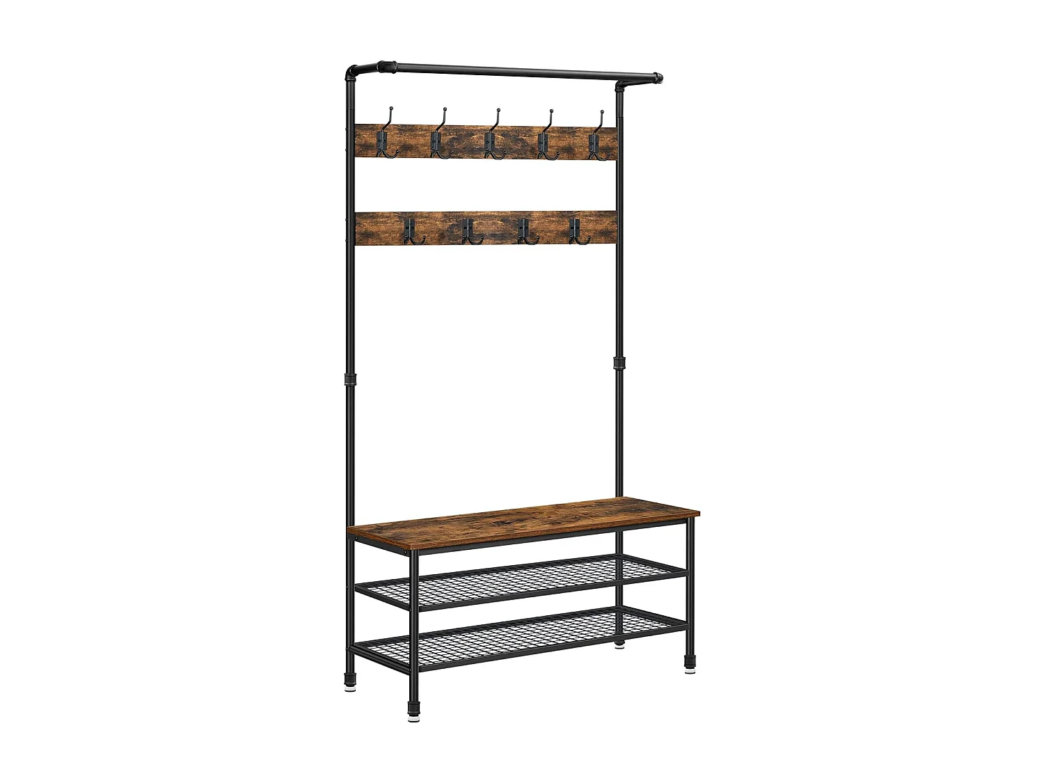 Wieszak na ubrania Valora z siedziskiem i 2 półkami na buty, rustykalny brąz