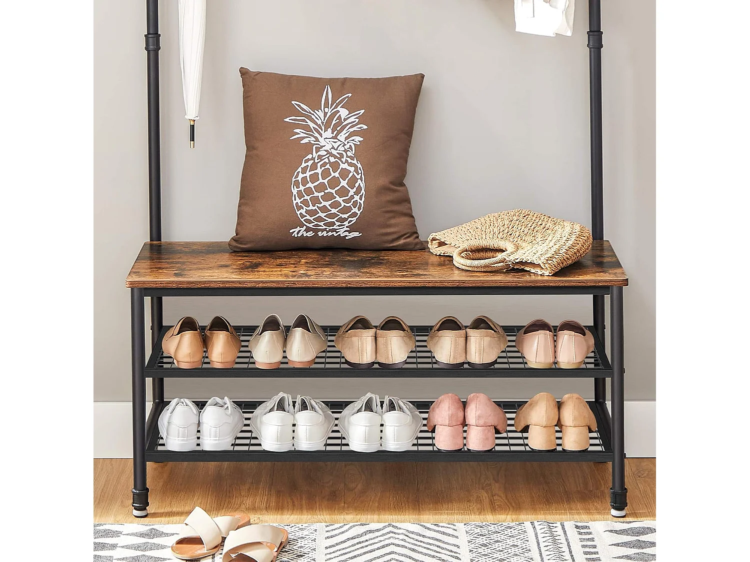 Wieszak na ubrania Valora z siedziskiem i 2 półkami na buty, rustykalny brąz