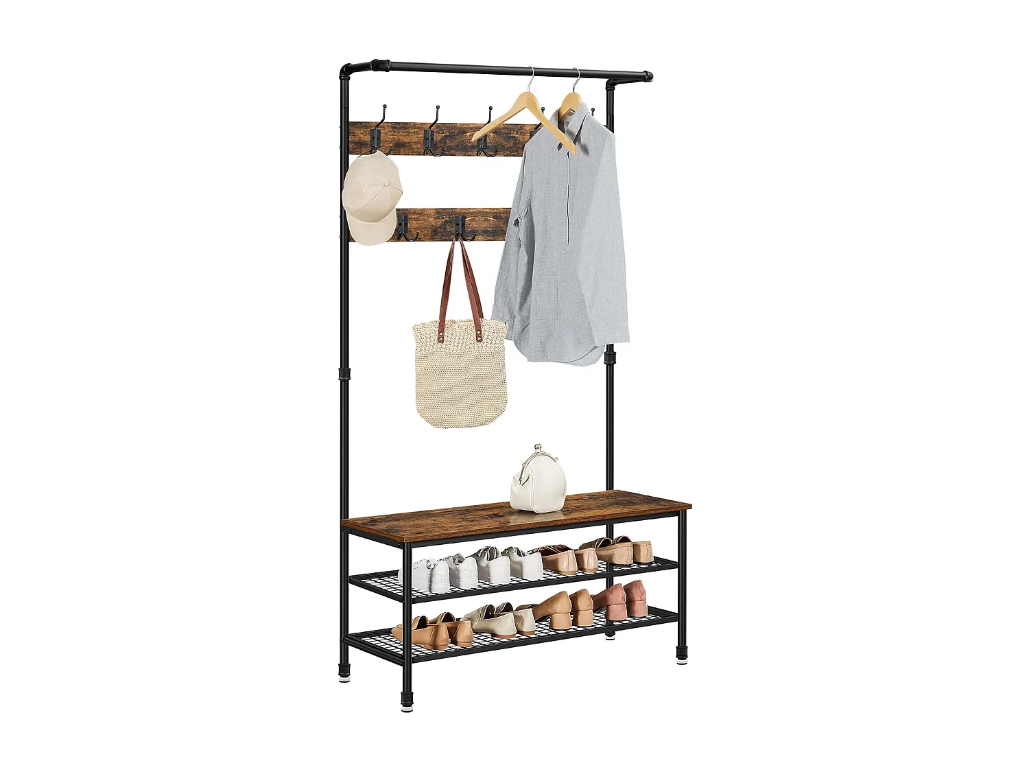 Wieszak na ubrania Valora z siedziskiem i 2 półkami na buty, rustykalny brąz