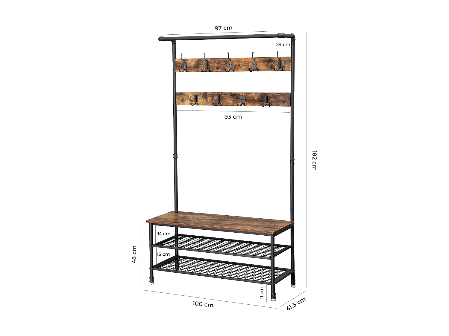 Wieszak na ubrania Valora z siedziskiem i 2 półkami na buty, rustykalny brąz