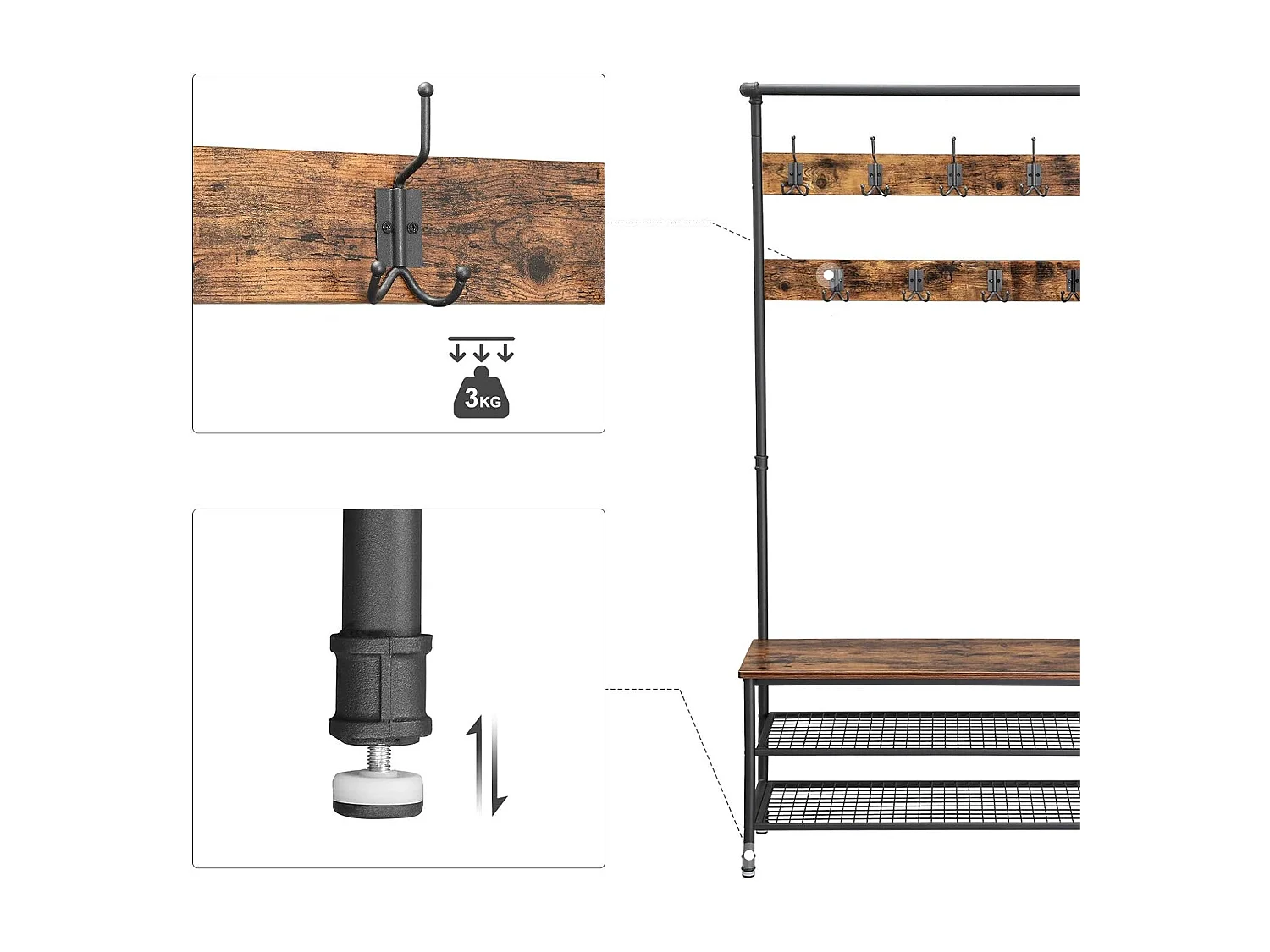 Wieszak na ubrania Valora z siedziskiem i 2 półkami na buty, rustykalny brąz
