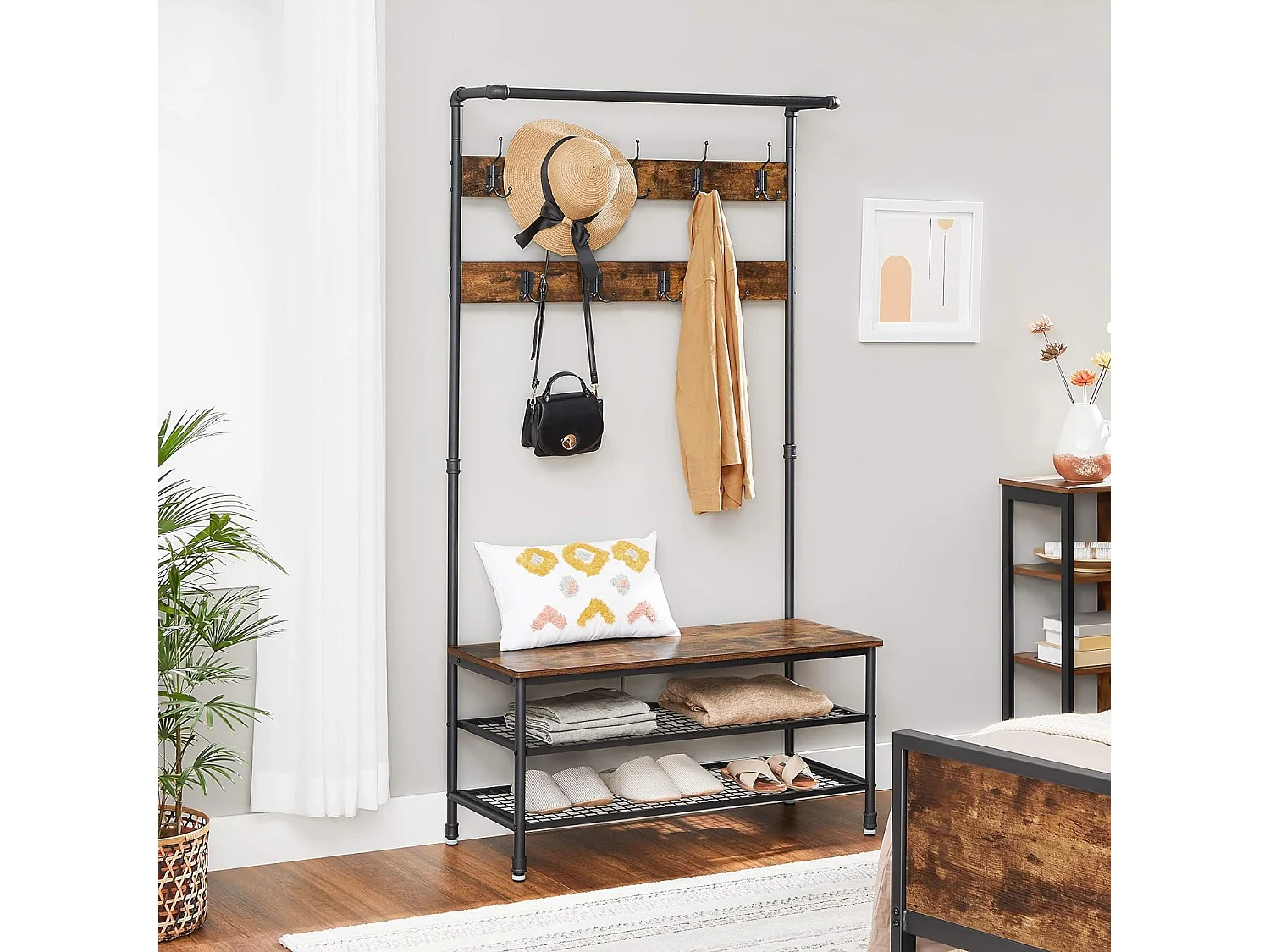 Wieszak na ubrania Valora z siedziskiem i 2 półkami na buty, rustykalny brąz