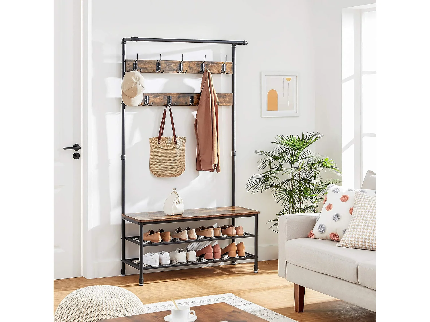 Wieszak na ubrania Valora z siedziskiem i 2 półkami na buty, rustykalny brąz