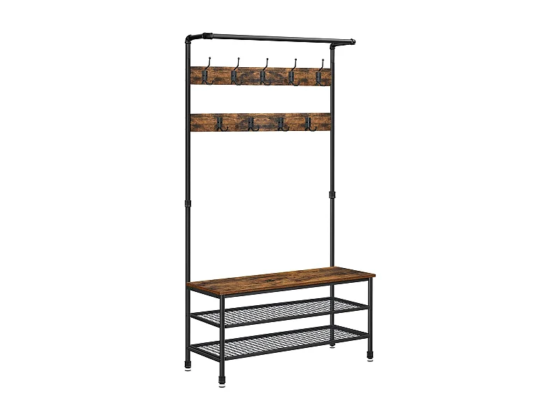 Wieszak na ubrania Valora z siedziskiem i 2 półkami na buty, rustykalny brąz