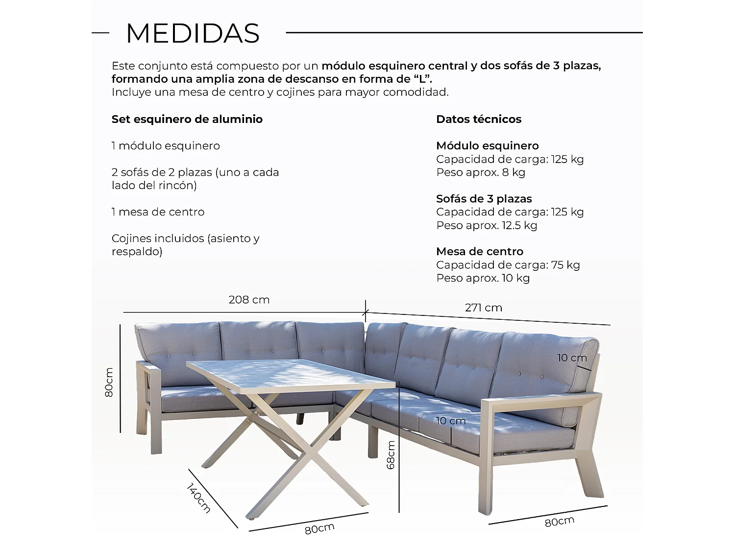 Conjunto de jardín – 7 plazas, aluminio resistente al óxido, sofá esquinero modular – Yoevu