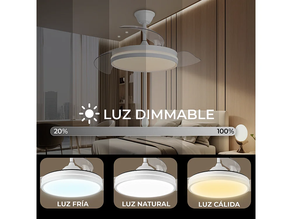 Ventilador de techo – motor DC, LED regulable, aspas retráctiles, 6 velocidades – Espartan One