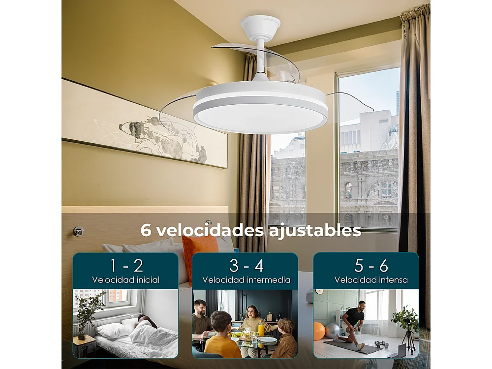 Ventilador de techo – motor DC, LED regulable, aspas retráctiles, 6 velocidades – Espartan One