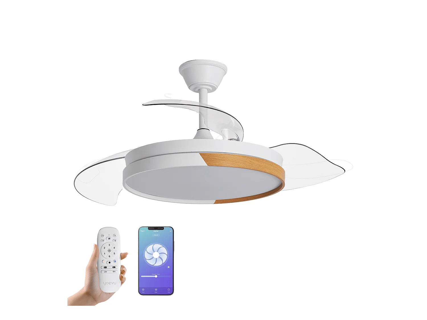 Ventilador de techo inteligente – blanco y madera, aspas retráctiles, LED y WiFi – Nature White