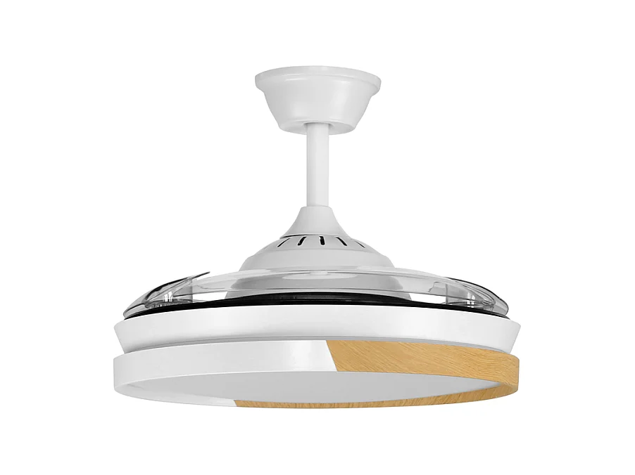 Ventilador de techo inteligente – blanco y madera, aspas retráctiles, LED y WiFi – Nature White