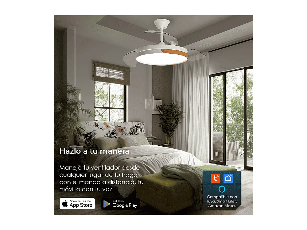 Ventilador de techo inteligente – blanco y madera, aspas retráctiles, LED y WiFi – Nature White